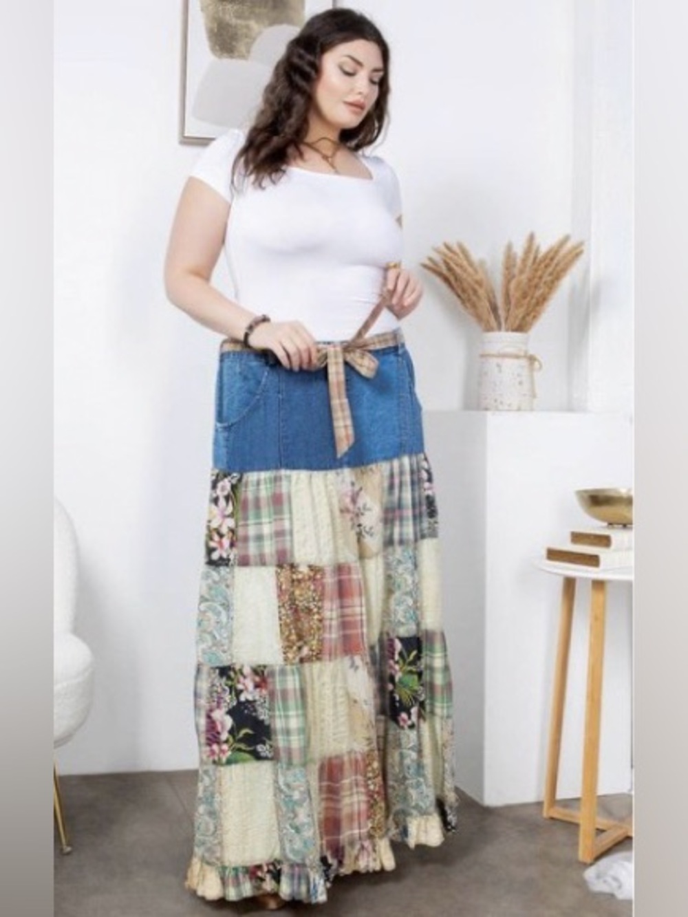 Young Threads Patchwork Denim Maxi Skirt – Size Large – NWT – Boho Cottagecore